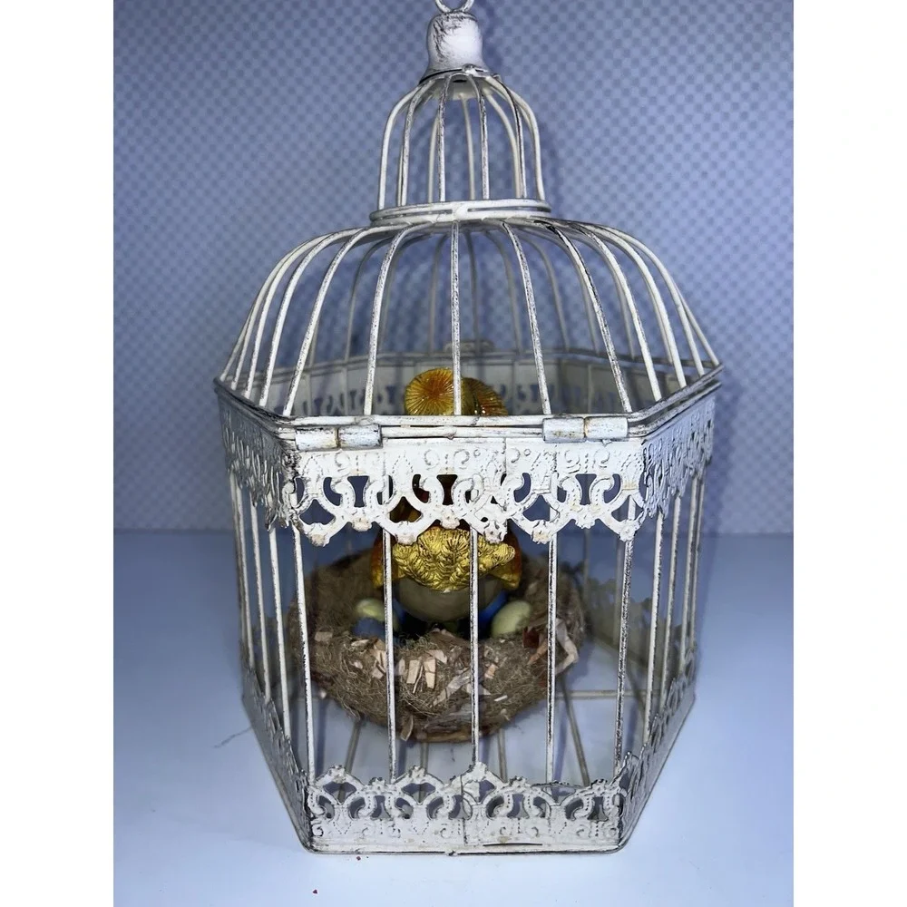 Bird Cage Vintage Cream Color Metal Shabby Chic Cottage Hinge Clasp Lift Top